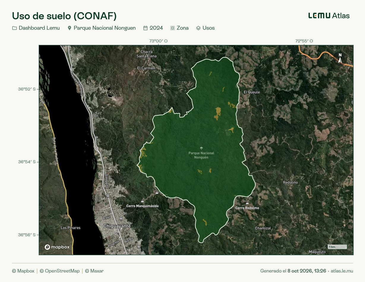 2D image exported from Atlas (Spanish interface): Land Use (CONAF) in Nonguén National Park, 2024, with coordinates, north arrow, scale, map credits and generation date.